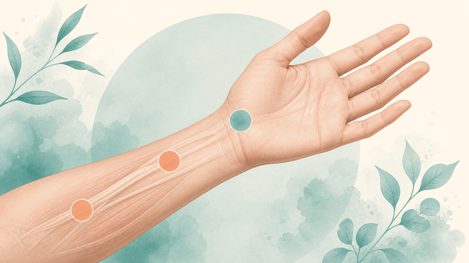 Palm-side wrist illustration with three acupressure touch areas marked