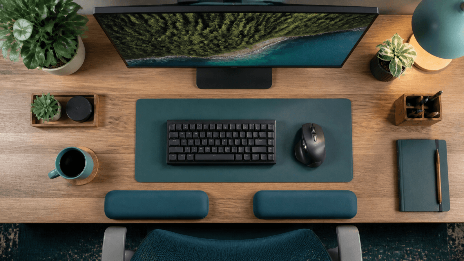 Document, monitor, keyboard, and task light arranged on a measured desk
