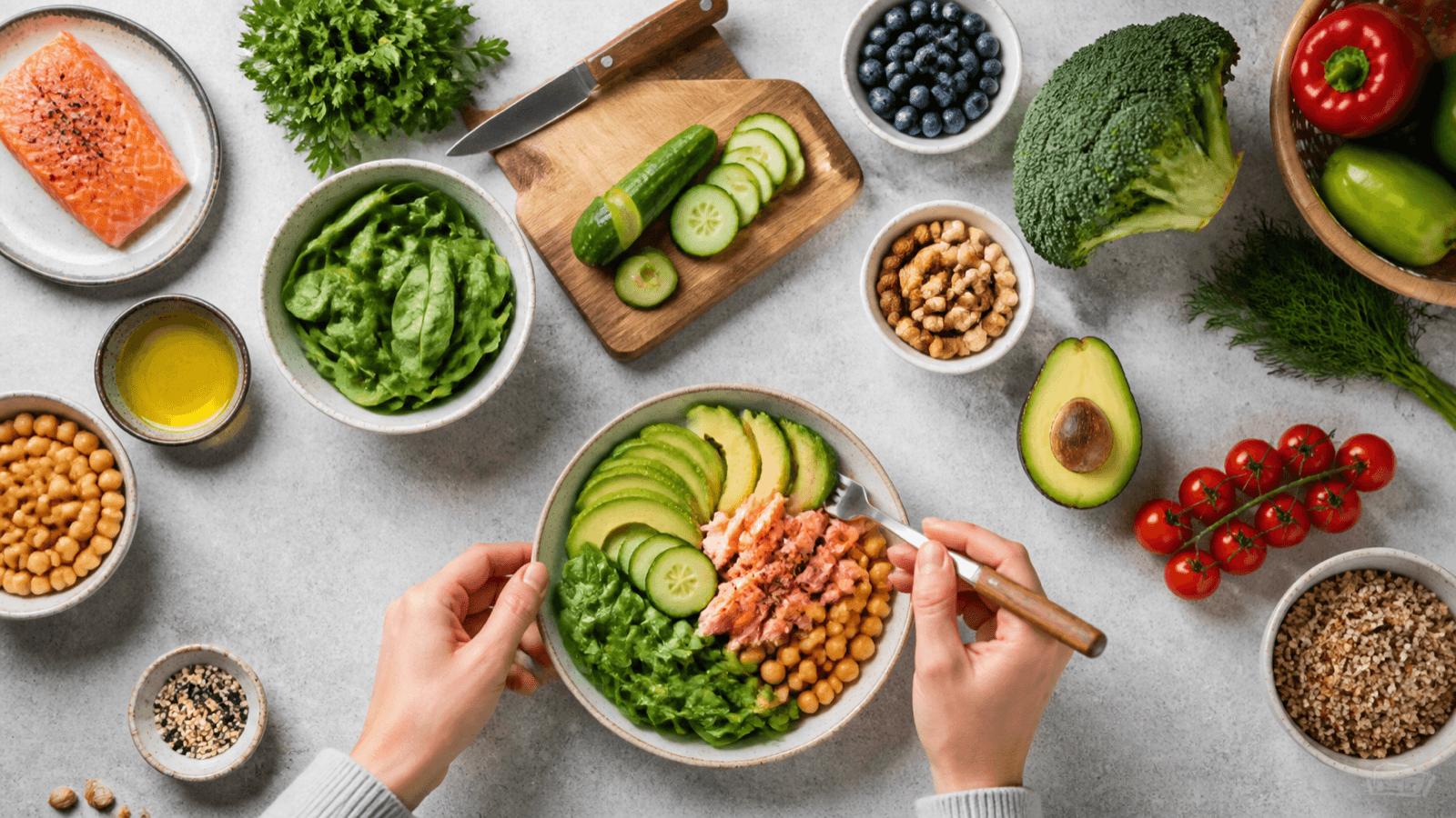 Colorful whole-food ingredients being prepared for a balanced meal