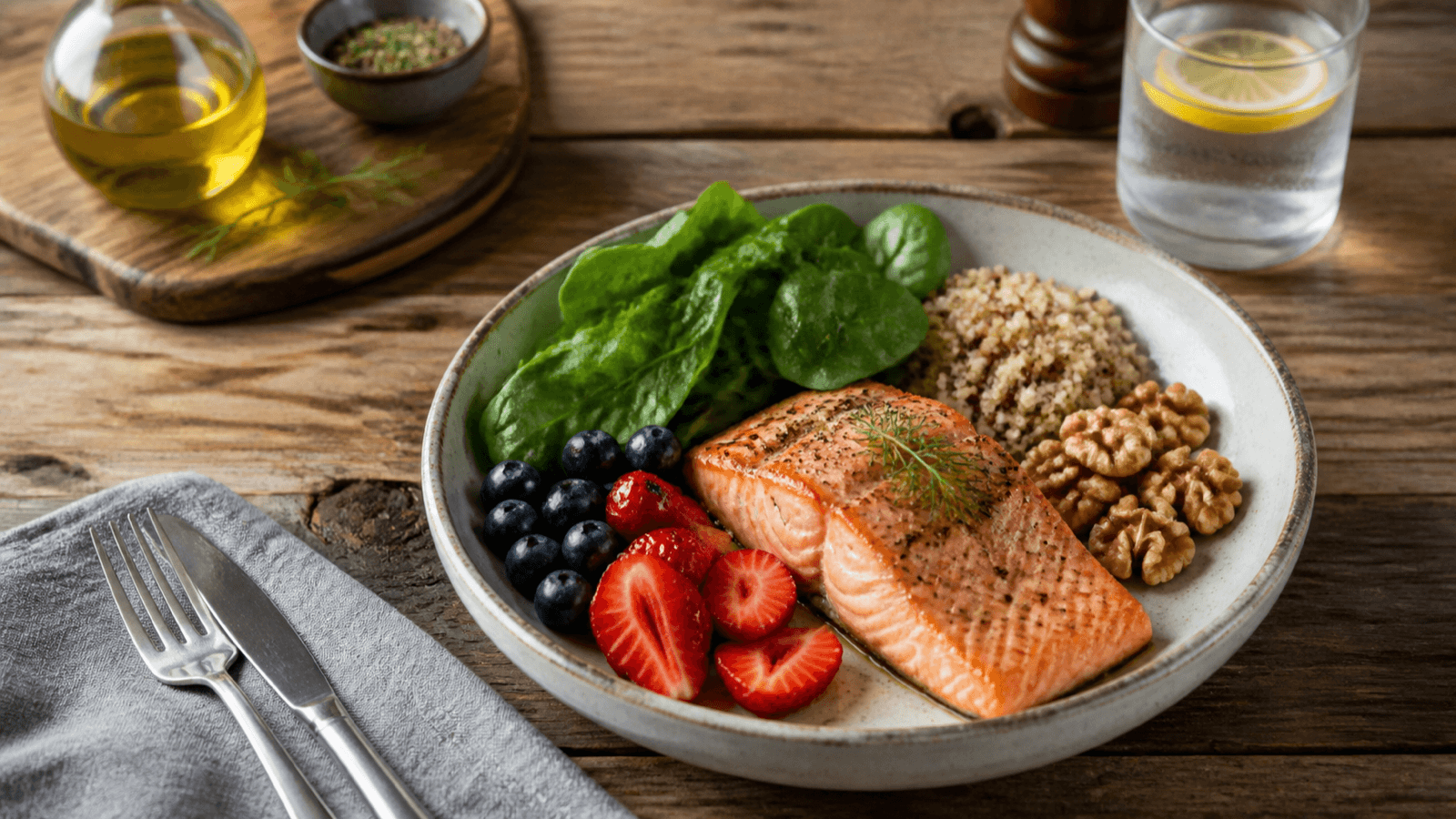 Balanced meal with salmon, leafy greens, berries, walnuts, and olive oil