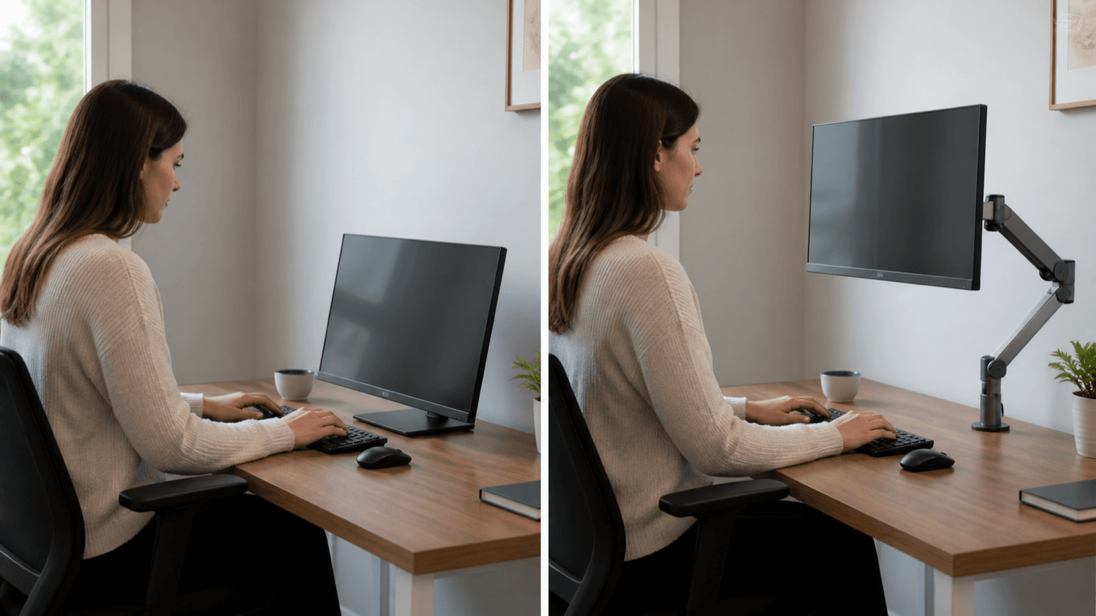 Comparison of fixed and adjustable monitor positions at a desk