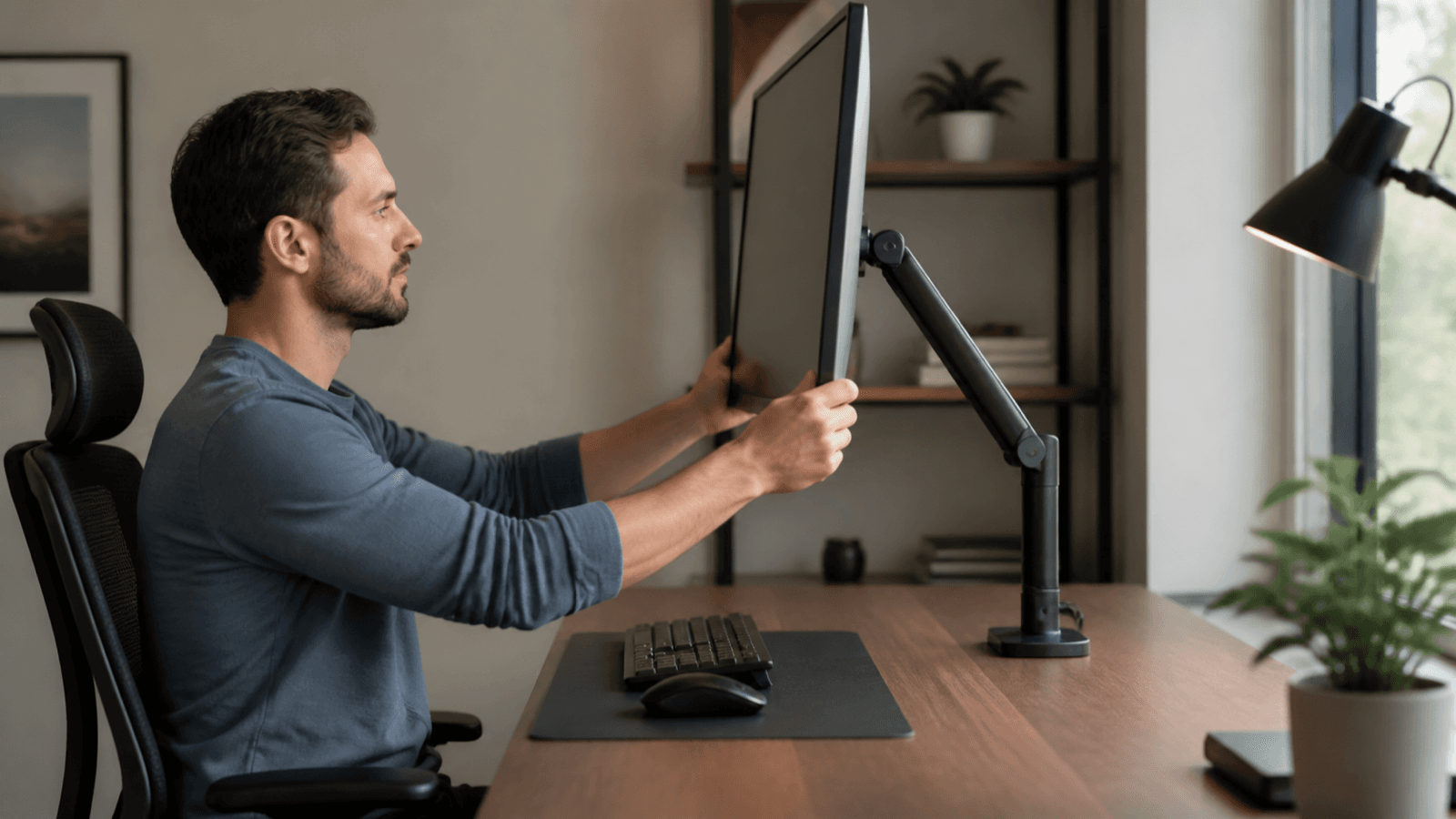 Adult adjusting a monitor arm above a compact keyboard and mouse
