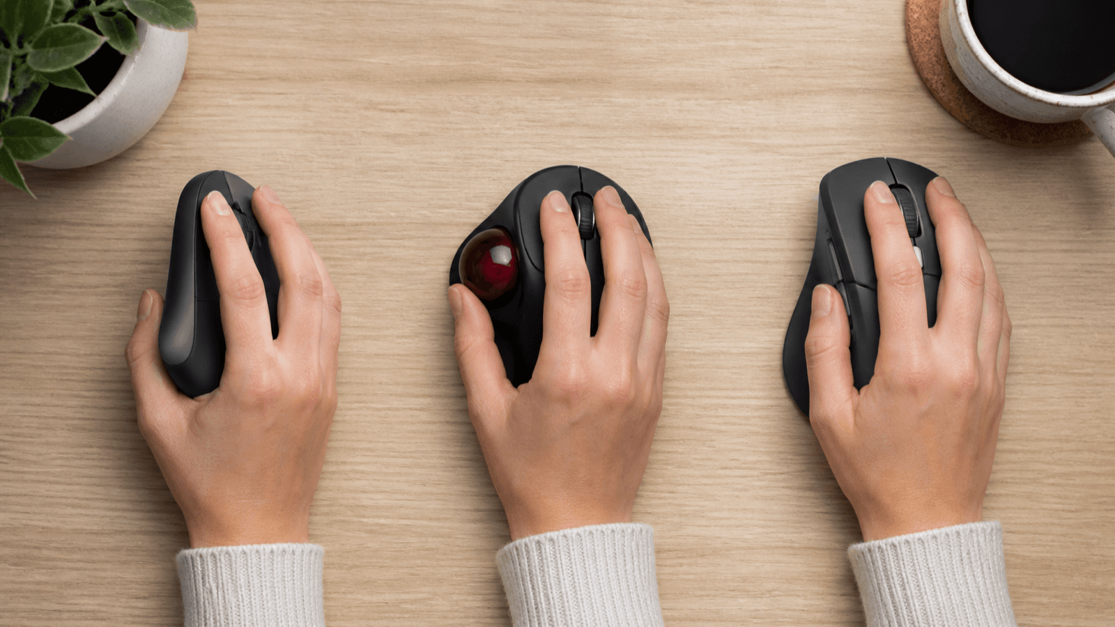 Vertical mouse, trackball, and contoured mouse shown side by side