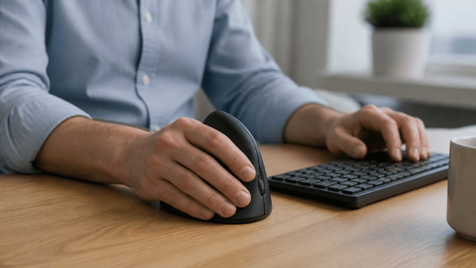 Adult using a vertical mouse with the forearm supported