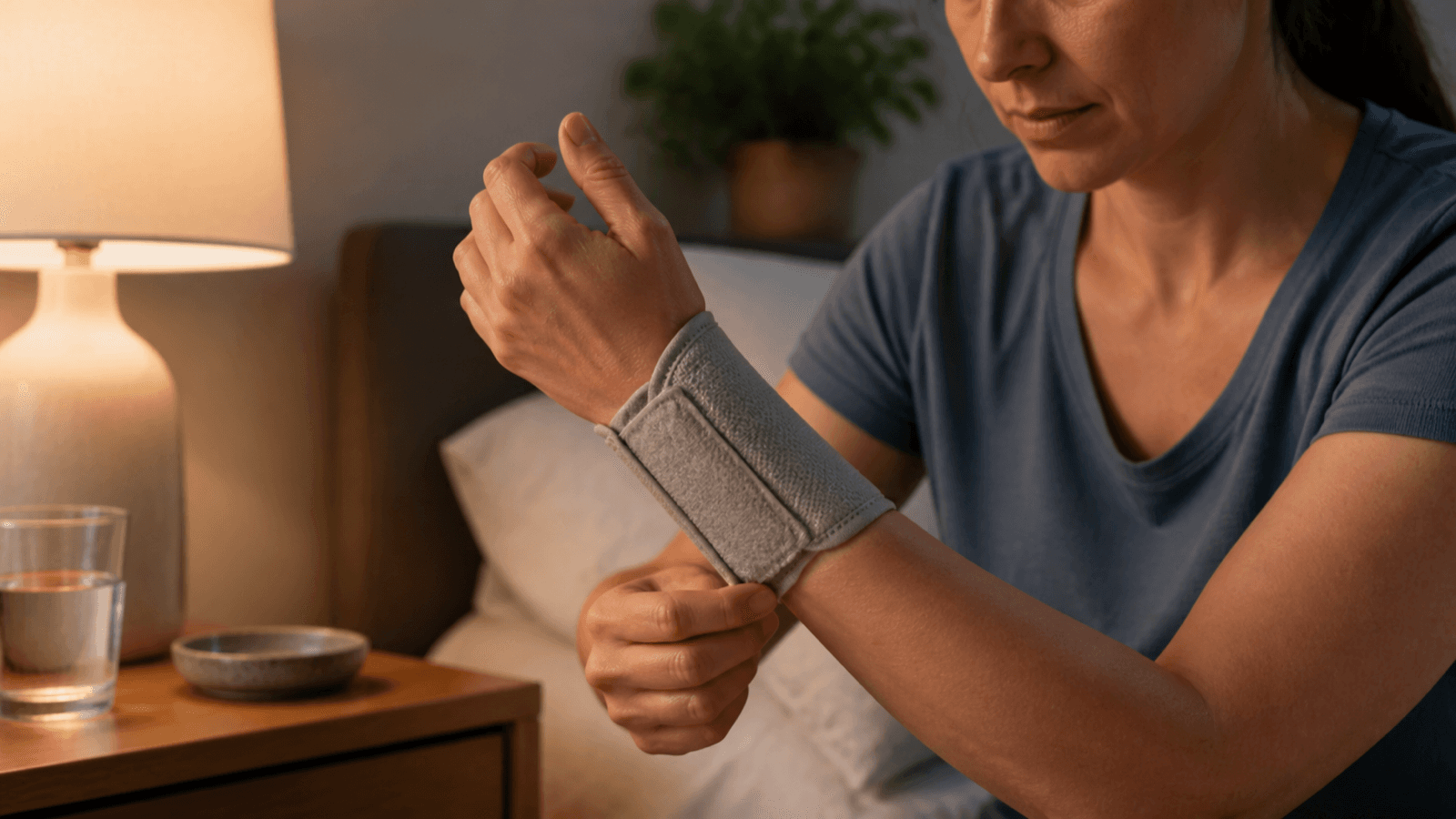 Adult fastening a fabric wrist support before sleep