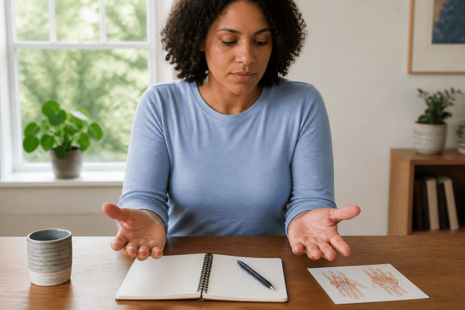 Adult comparing symptoms in both hands beside a simple symptom diary