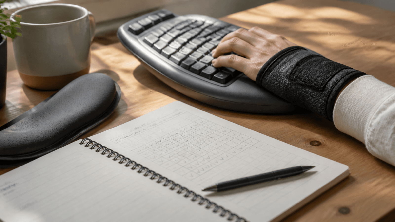 Wrist support, activity diary, and ergonomic keyboard used in conservative care