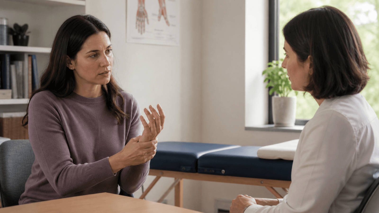 Adult discussing conservative carpal tunnel care with a clinician