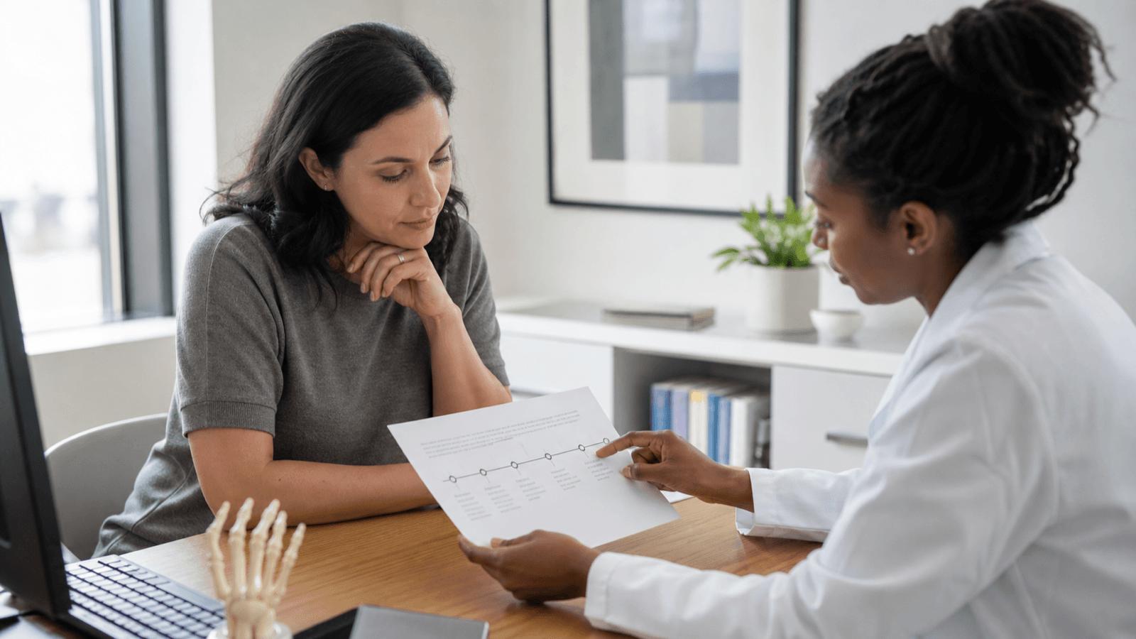 Adult reviewing a symptom timeline with a clinician