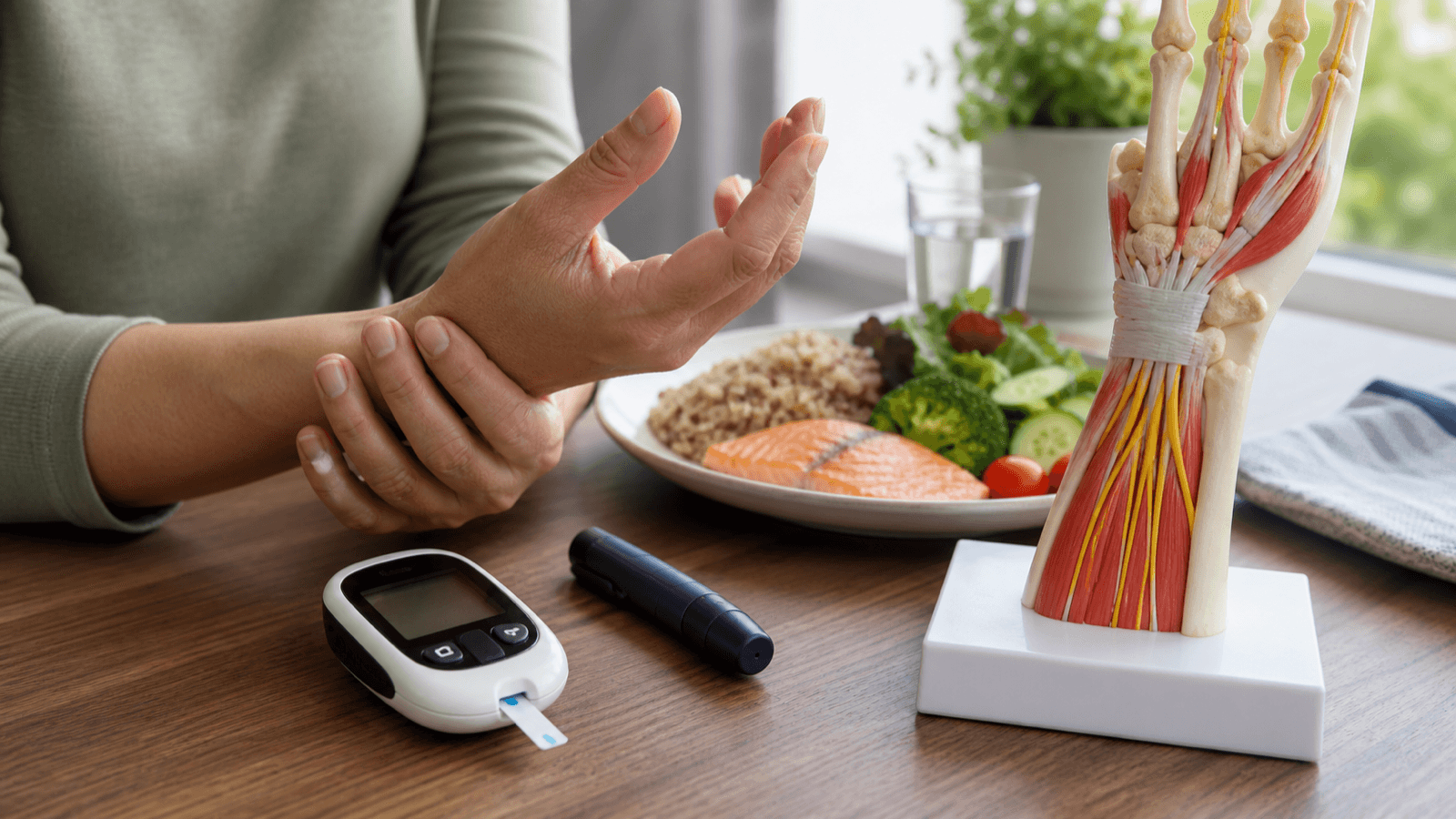 Glucose meter, balanced meal, and wrist anatomy model
