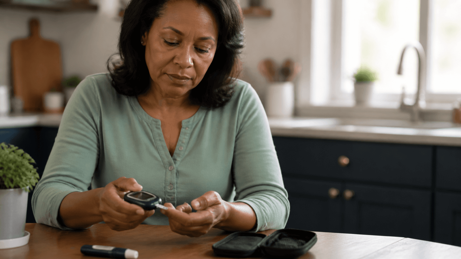 Adult checking blood glucose while resting the opposite wrist