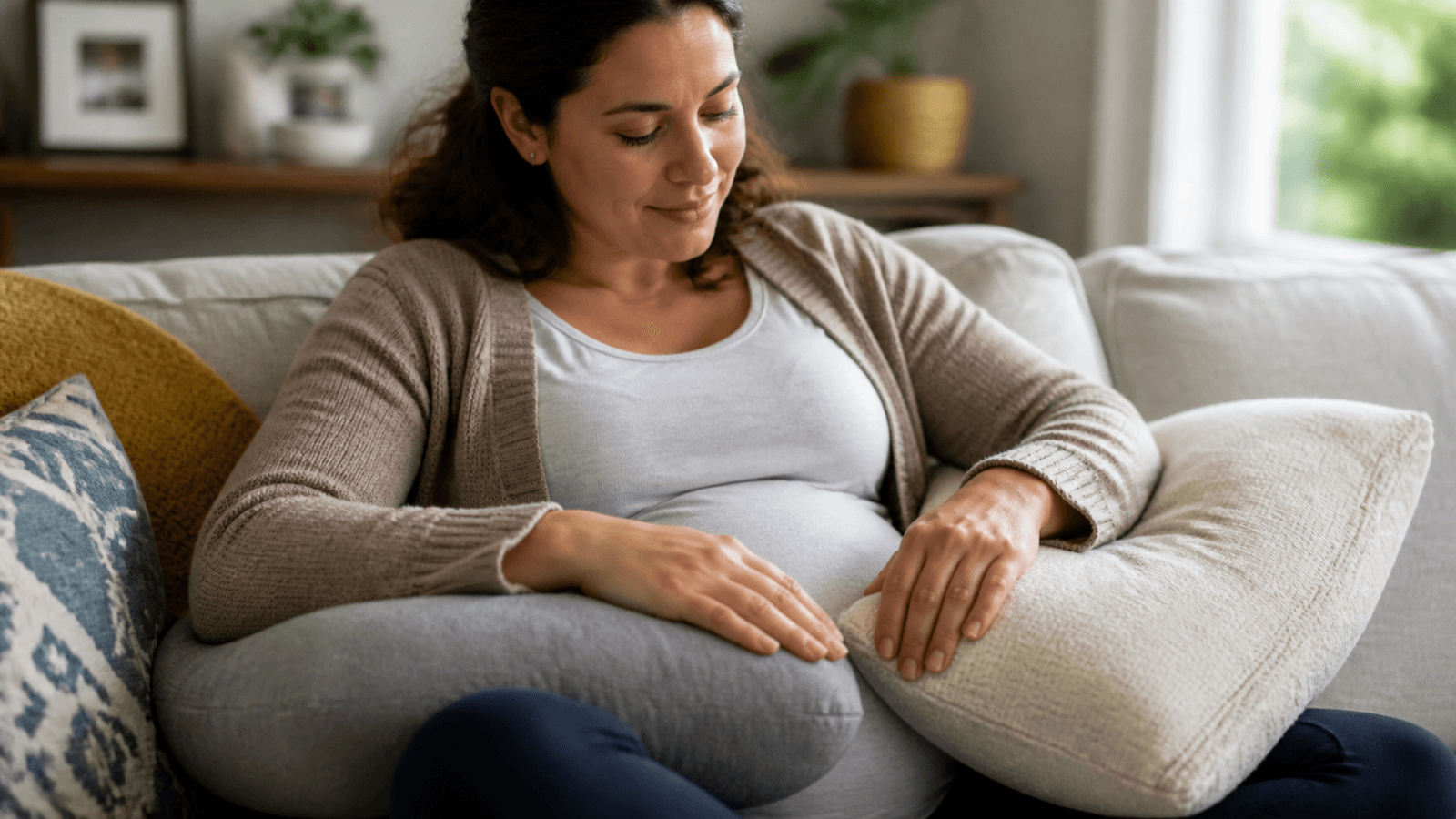 Pregnant adult resting with hands supported on pillows