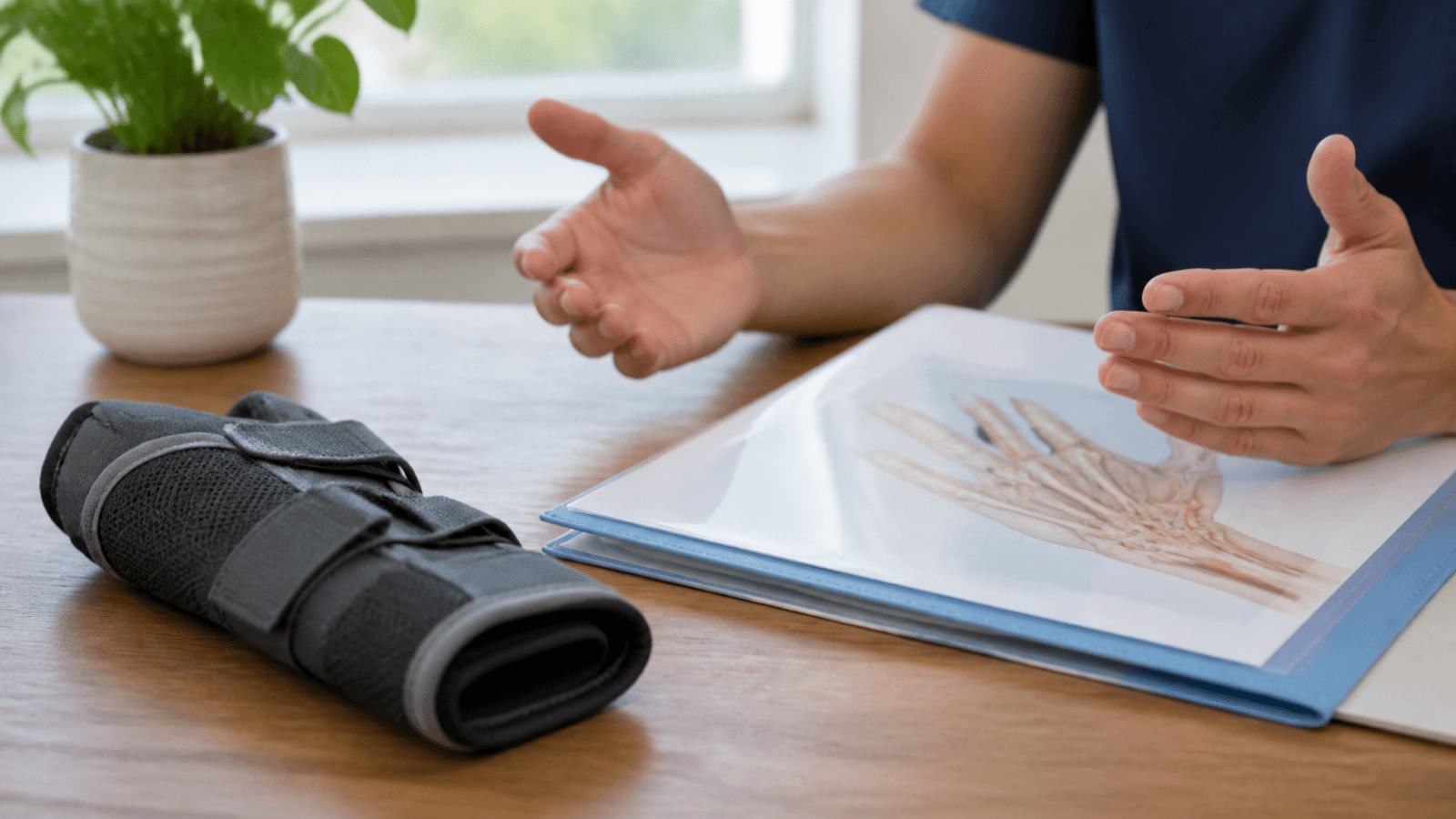 Wrist brace beside a hospital consultation folder