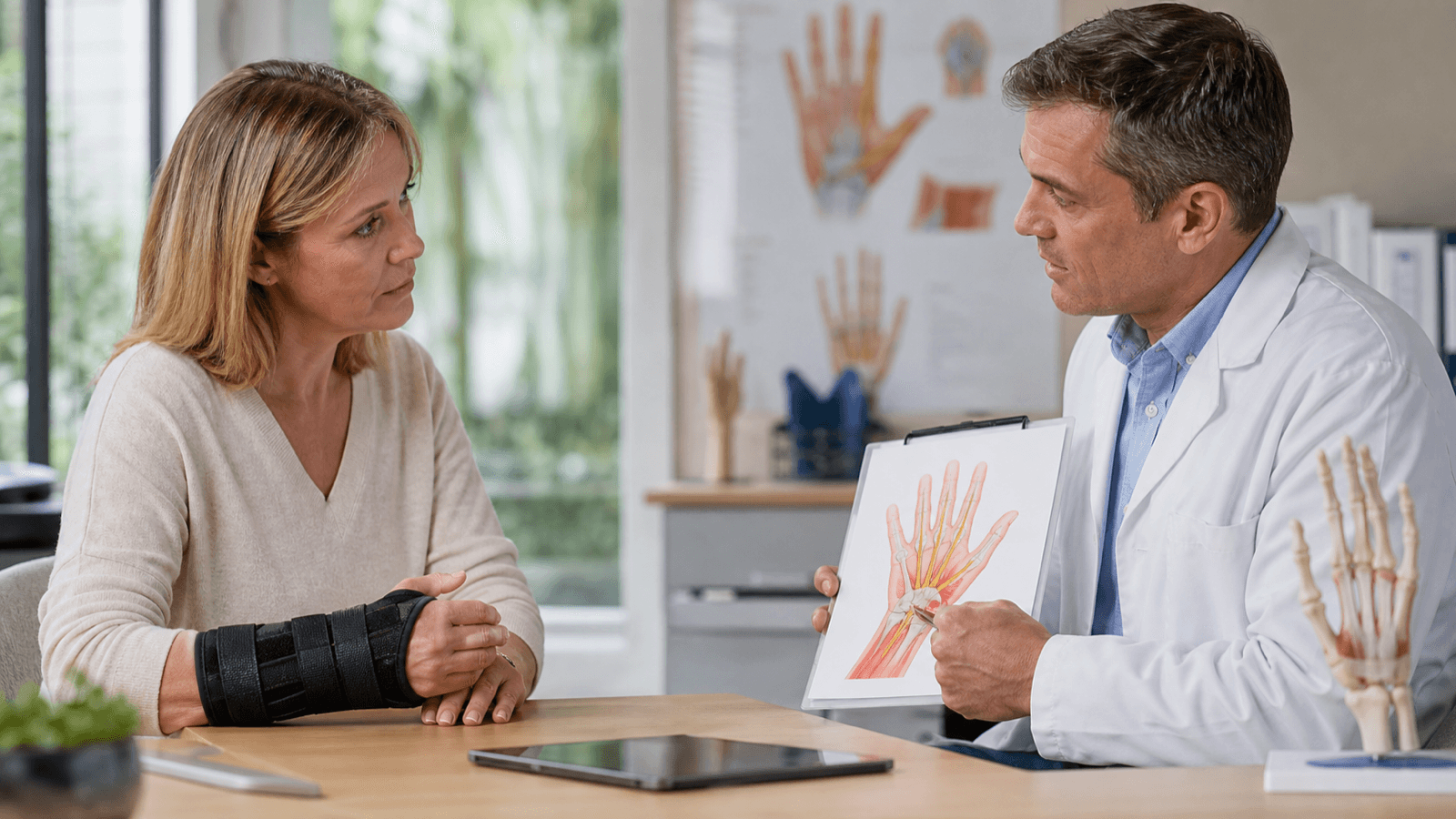 Adult comparing bracing and surgery options with a clinician