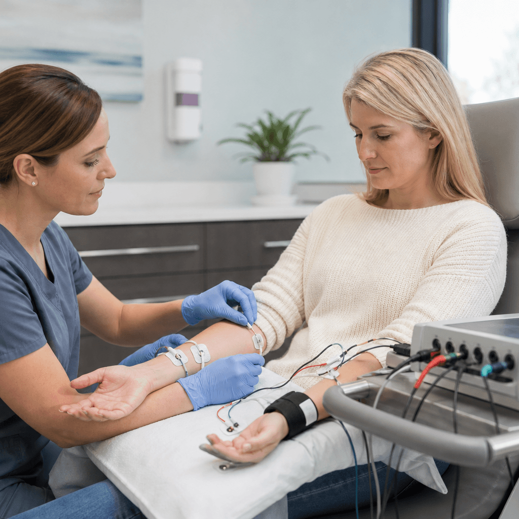 Surface electrodes and nerve-testing equipment during a calm hand clinic assessment