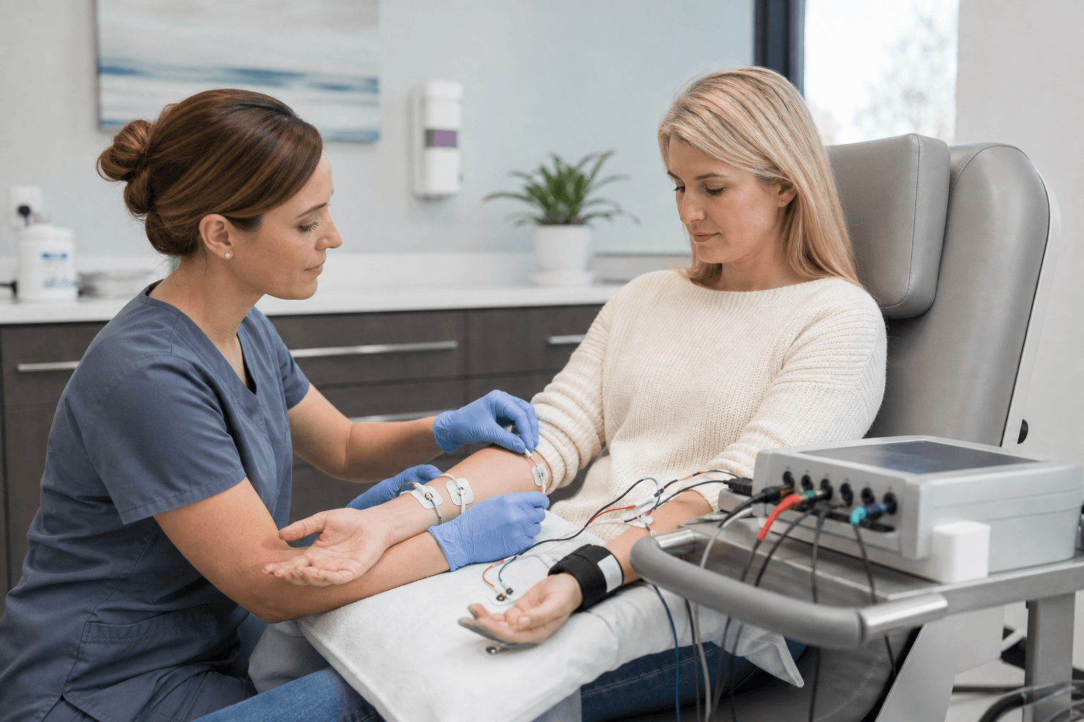Clinician placing surface electrodes for a non-graphic nerve conduction study