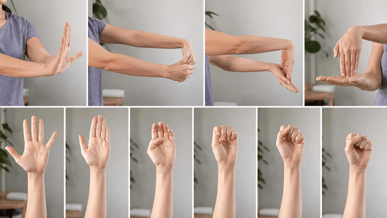Gentle wrist stretch and tendon-glide movement sequence