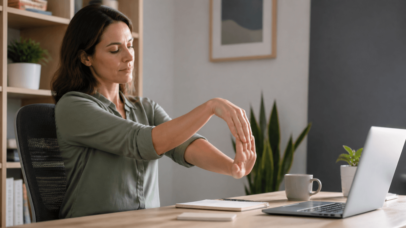Adult performing a gentle wrist mobility exercise beside a desk