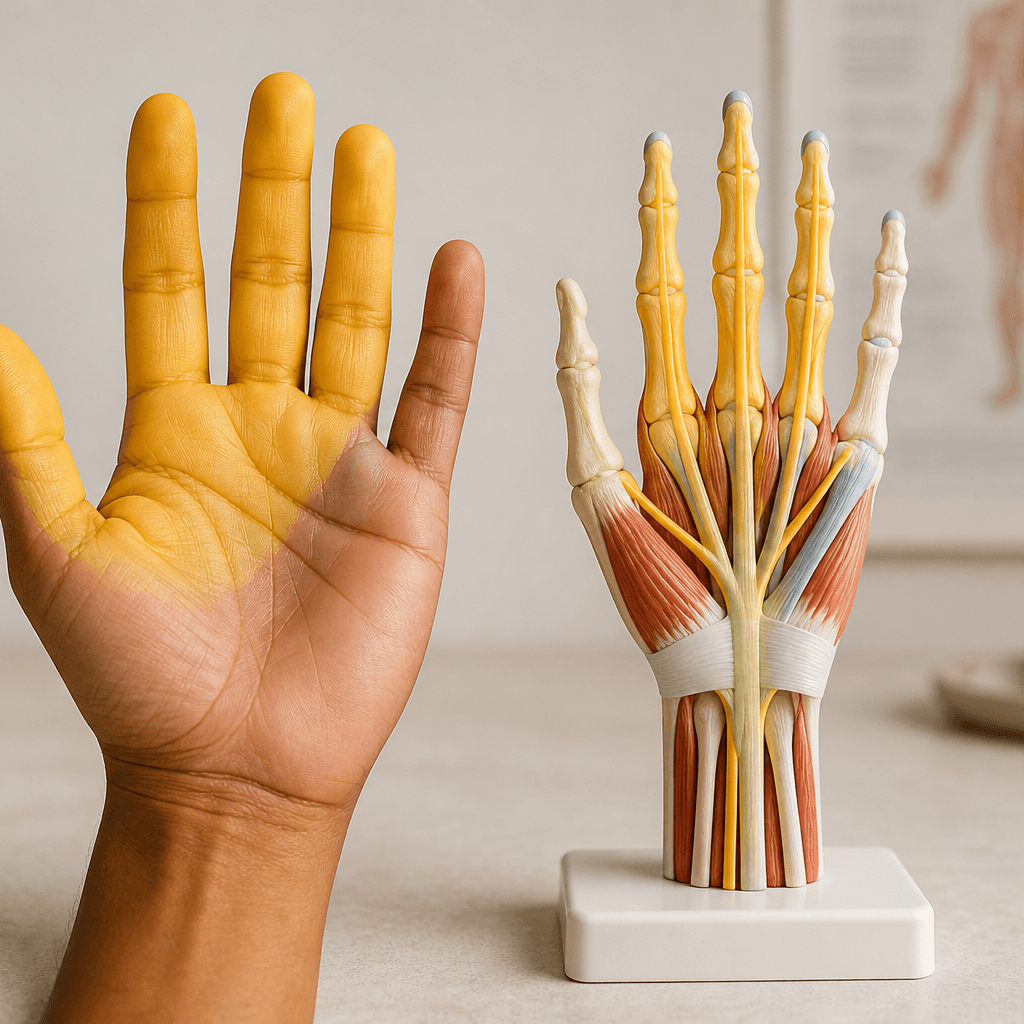 Close editorial crop of a palm and hand anatomy model used to discuss finger symptom patterns