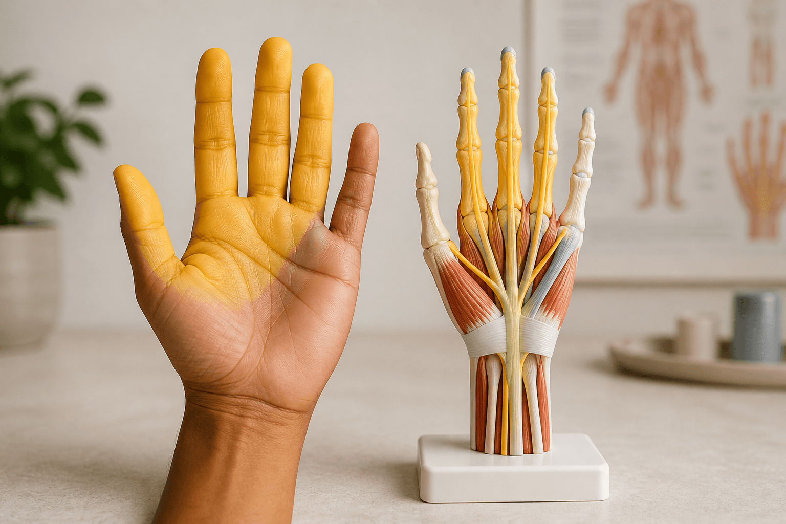 Adult palm beside a hand anatomy model illustrating the usual median nerve finger region