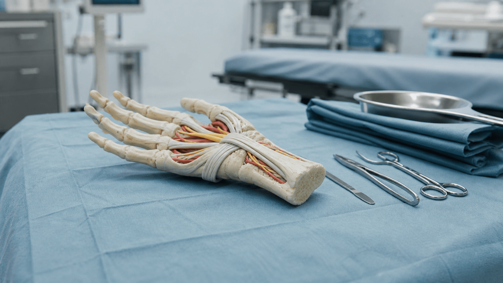 Non-graphic surgical preparation scene with a wrist anatomy model