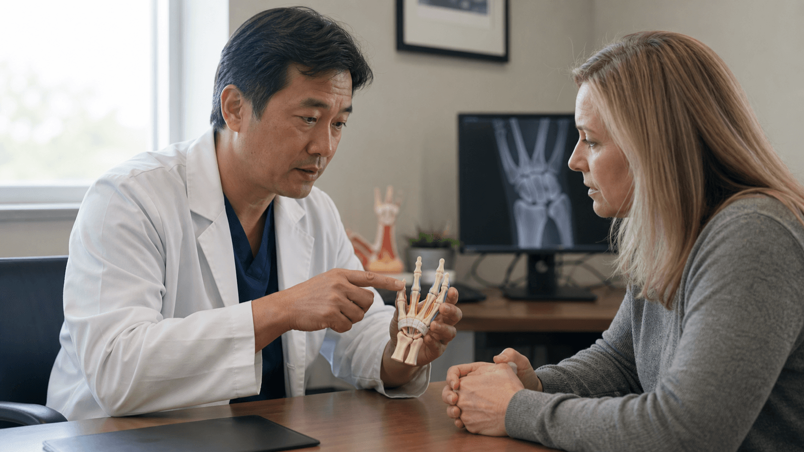 Adult discussing carpal tunnel surgery with a surgeon and wrist model