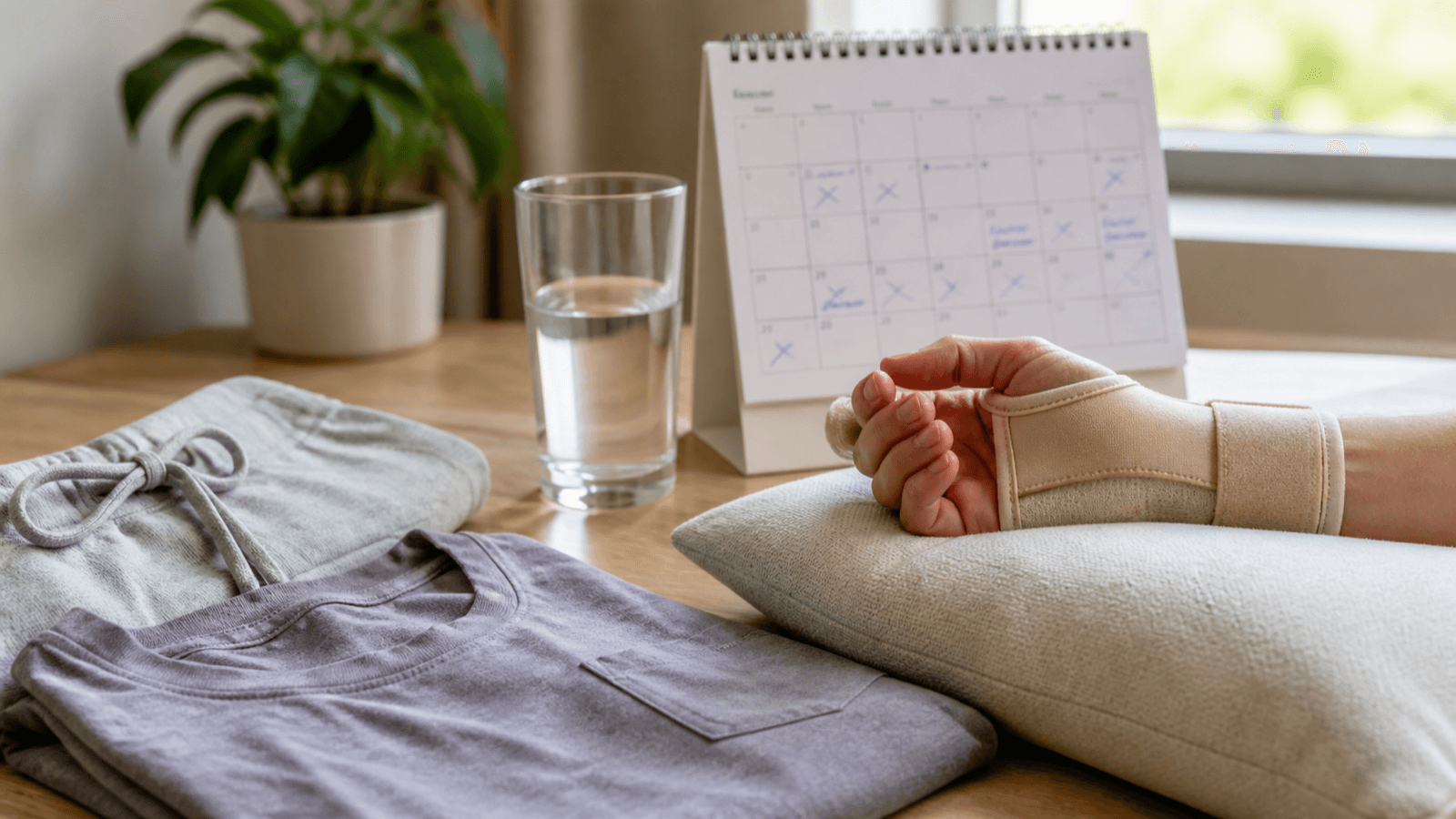 Appointment calendar, water, loose clothing, and pillow support for recovery planning