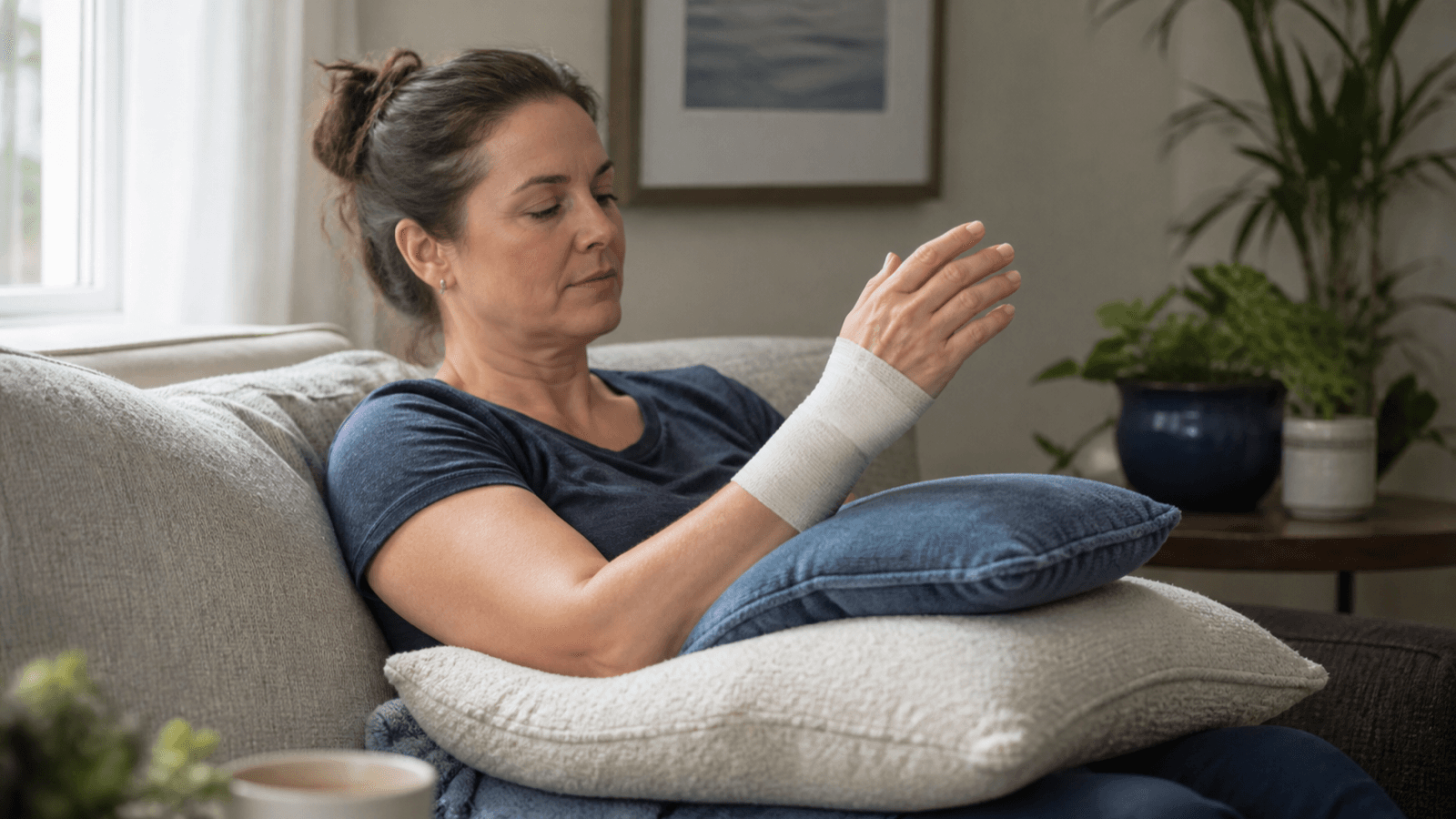 Adult recovering at home with a lightly bandaged wrist elevated
