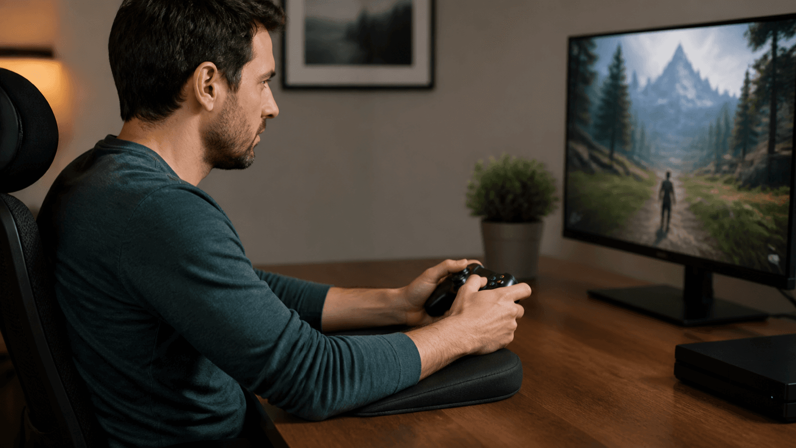 Adult gaming with a light controller grip and supported forearms