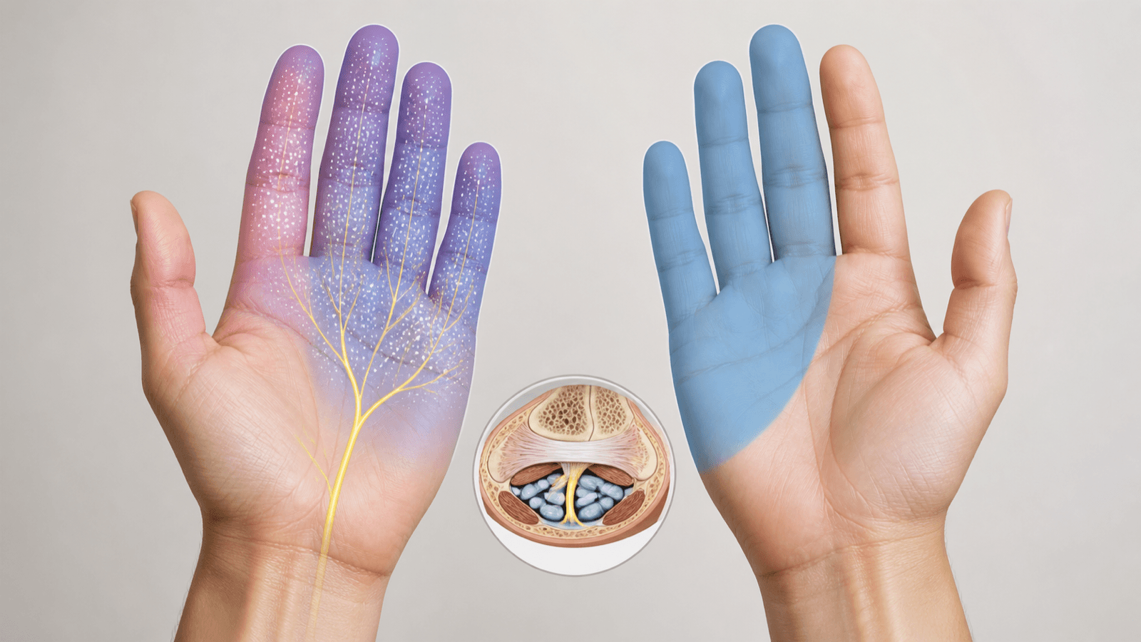 Hand illustration using color to distinguish tingling and reduced sensation
