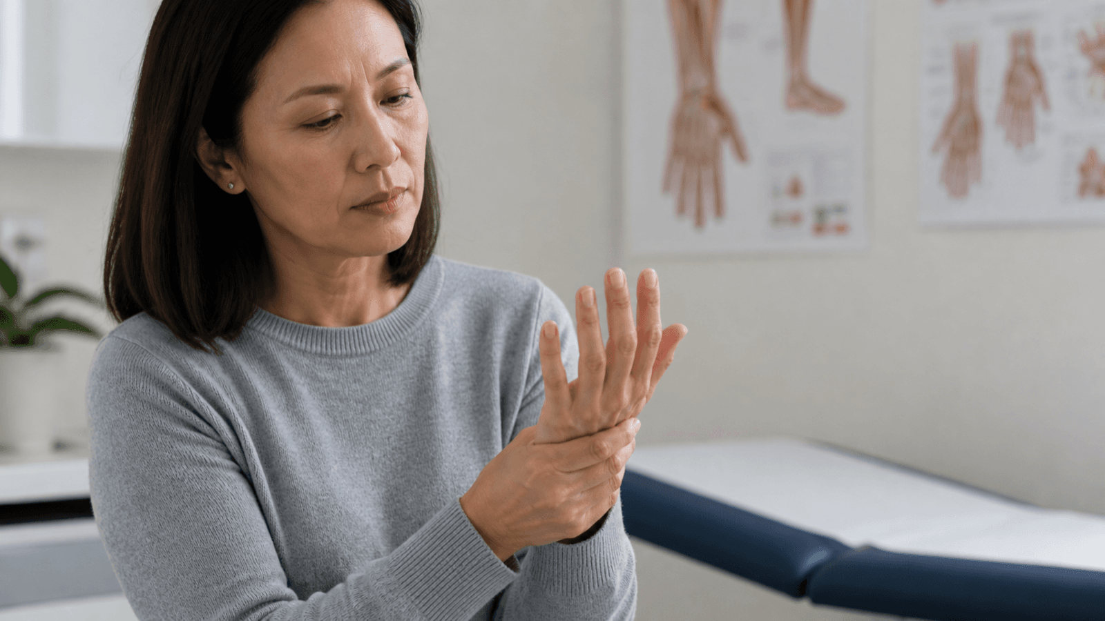 Adult examining one hand while discussing symptoms