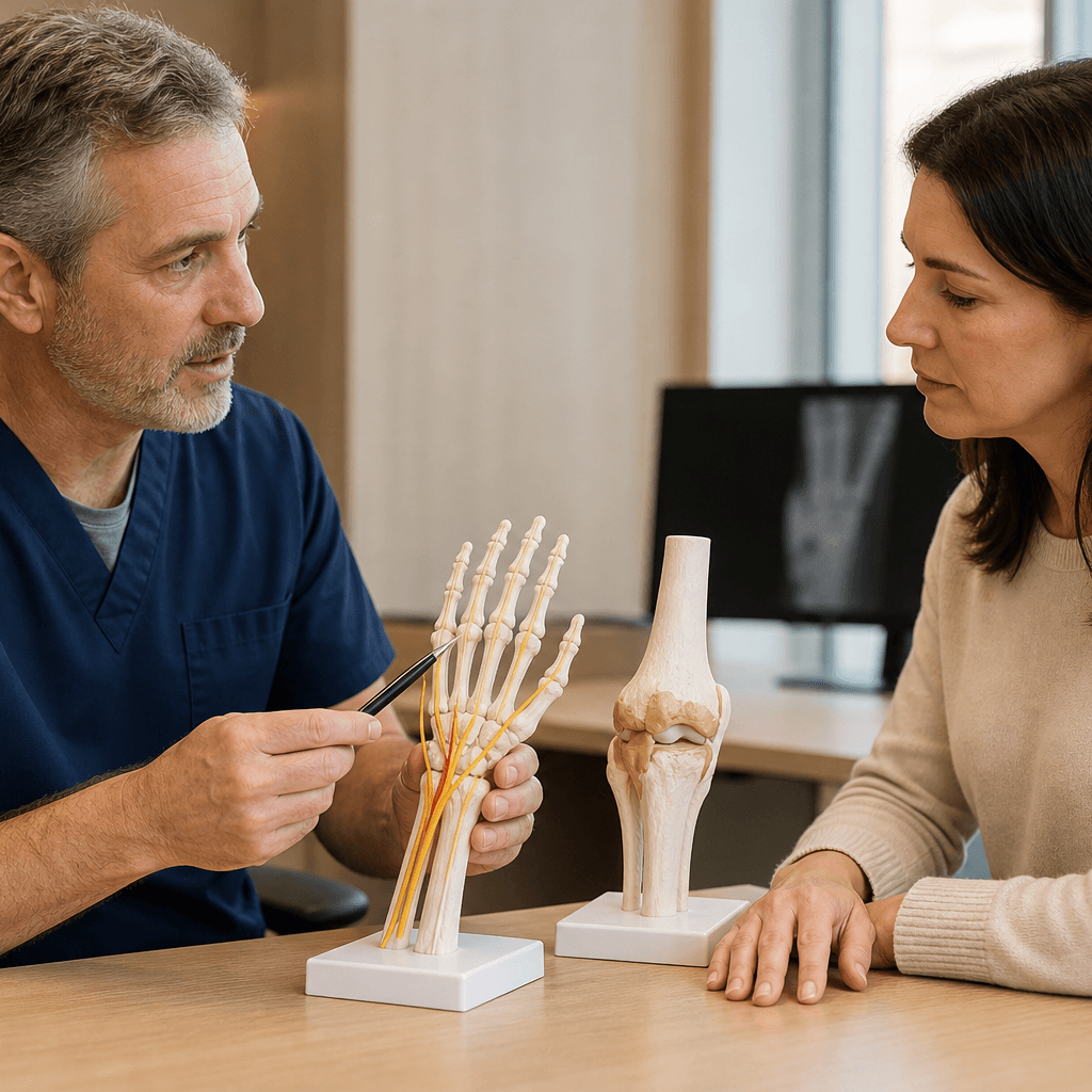 Hand and joint anatomy models used to discuss nerve and arthritis symptom patterns