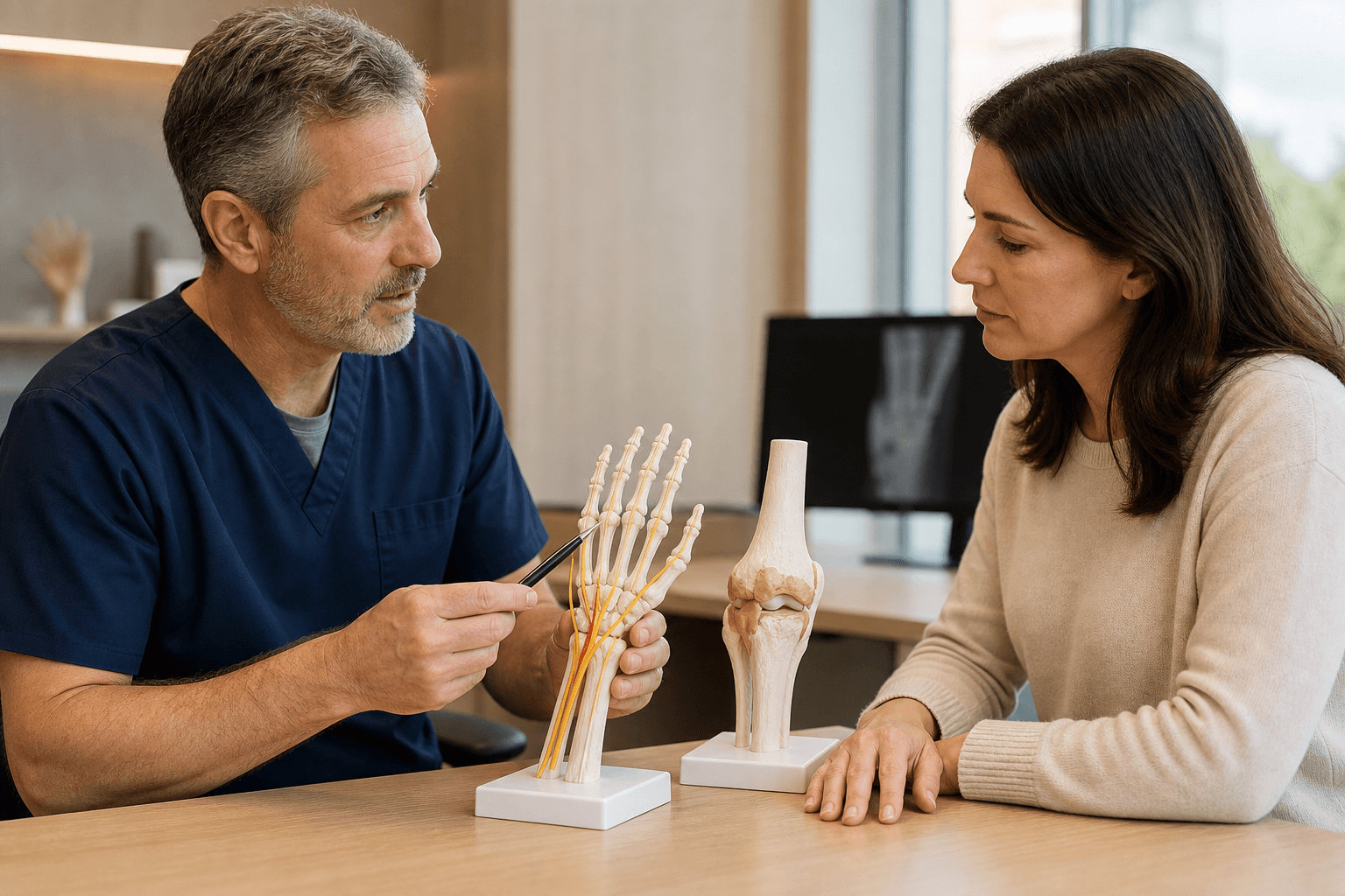 Clinician comparing a hand nerve model with a joint model