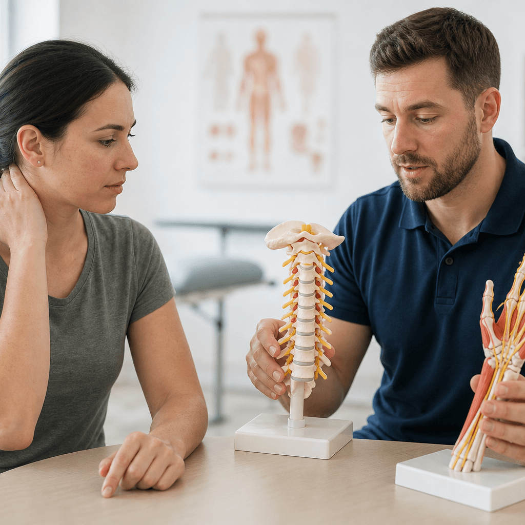 Cervical spine and wrist models used to discuss different possible nerve locations