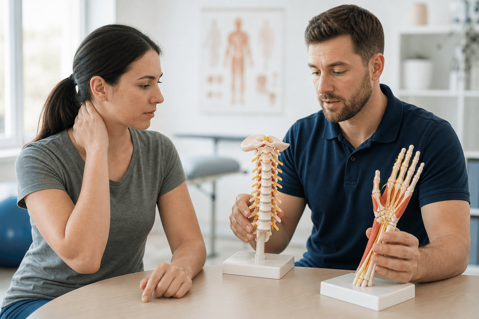 Clinician comparing cervical spine and wrist anatomy models with an adult
