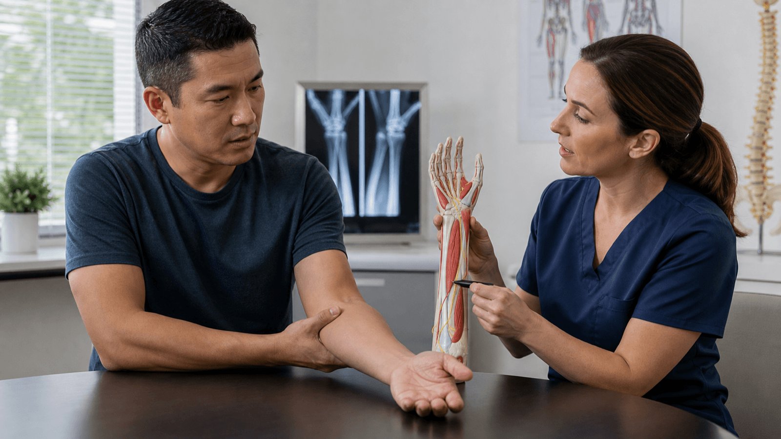 Adult comparing wrist and elbow symptom locations with a clinician