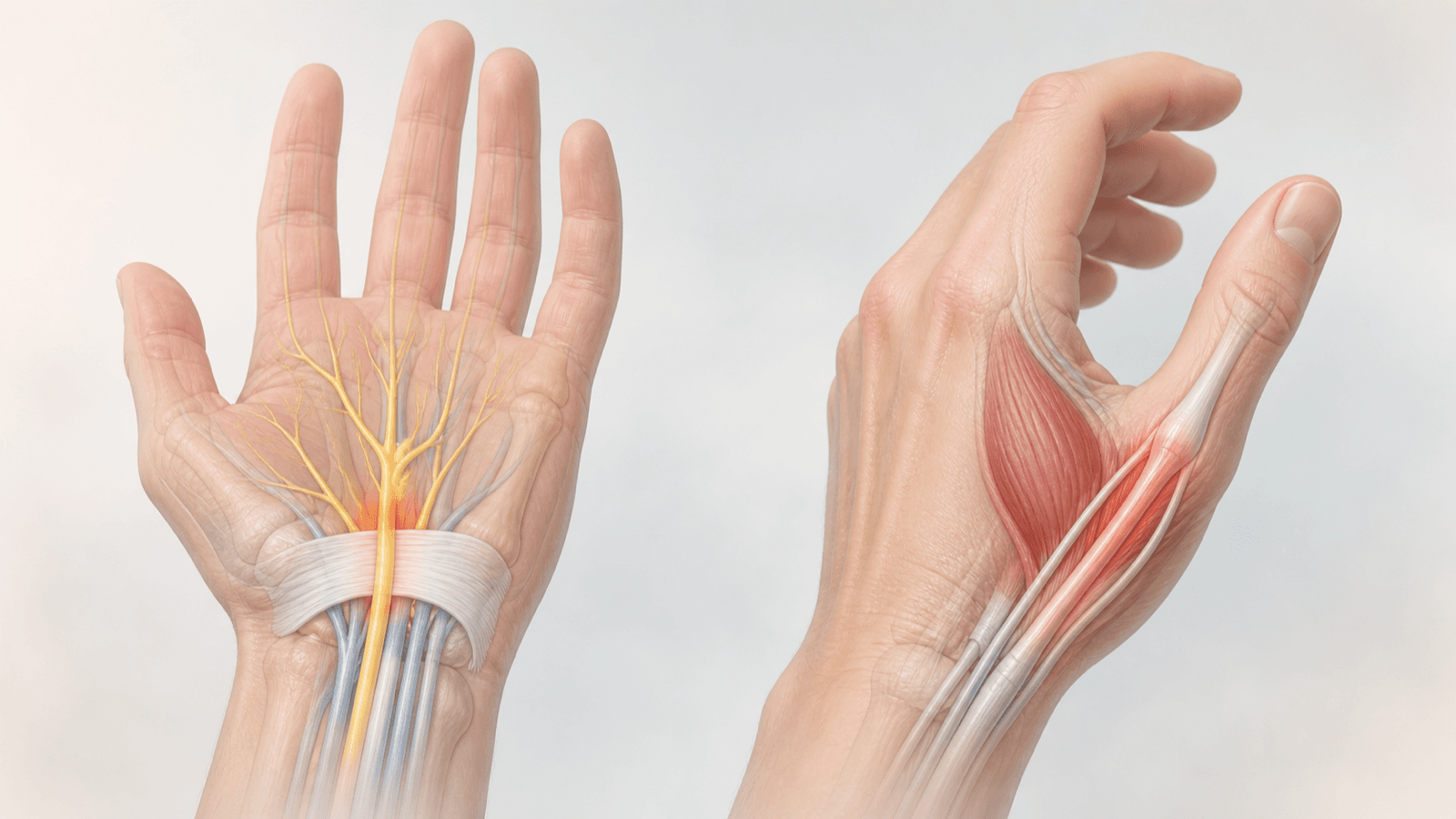 Wrist illustration contrasting a nerve pathway and tendon region
