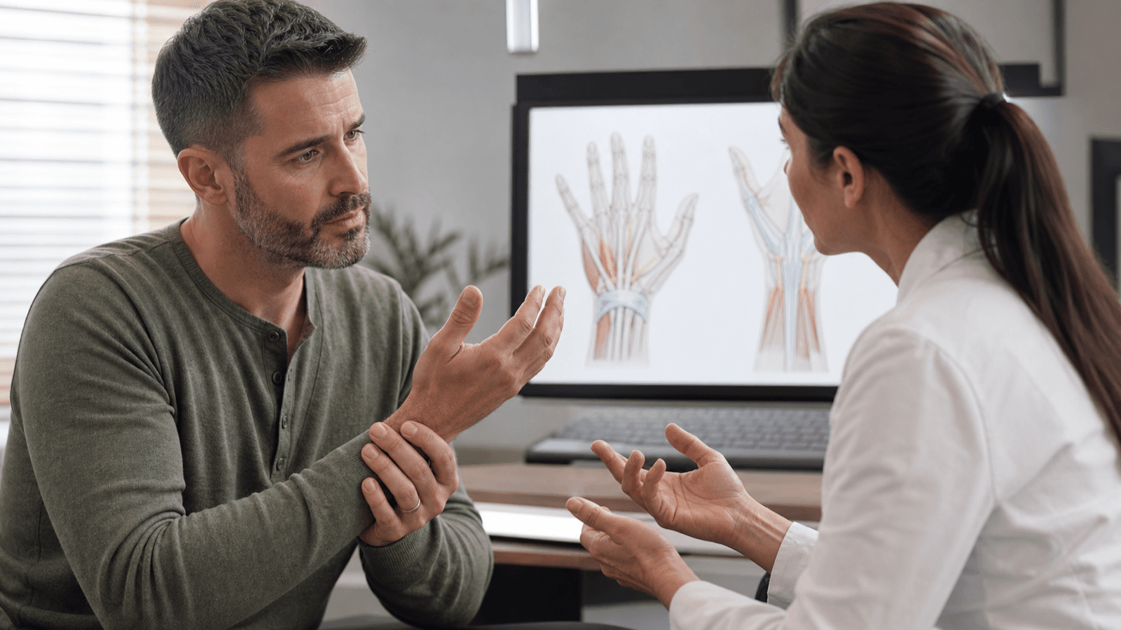 Adult discussing different wrist symptom patterns with a clinician