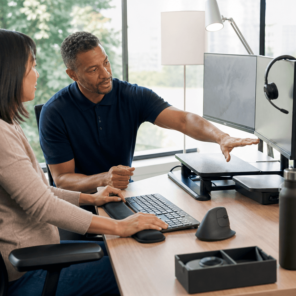 Keyboard, pointing device, monitor, and forearm support during a workplace setup review