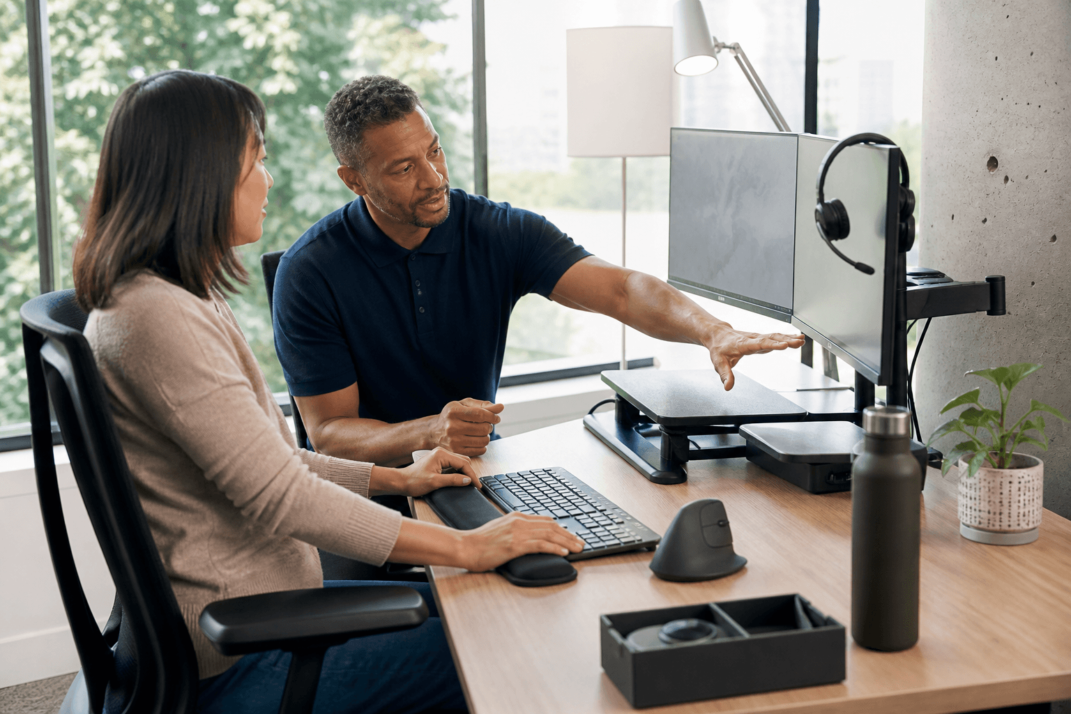 Employee and workplace professional reviewing an adjustable computer workstation