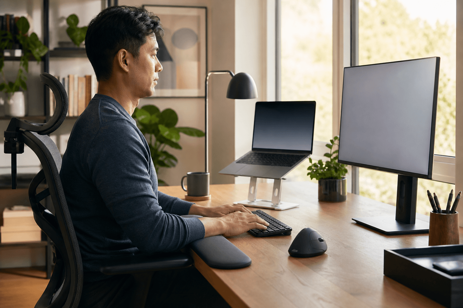Adult using a raised laptop with an external compact keyboard and pointing device