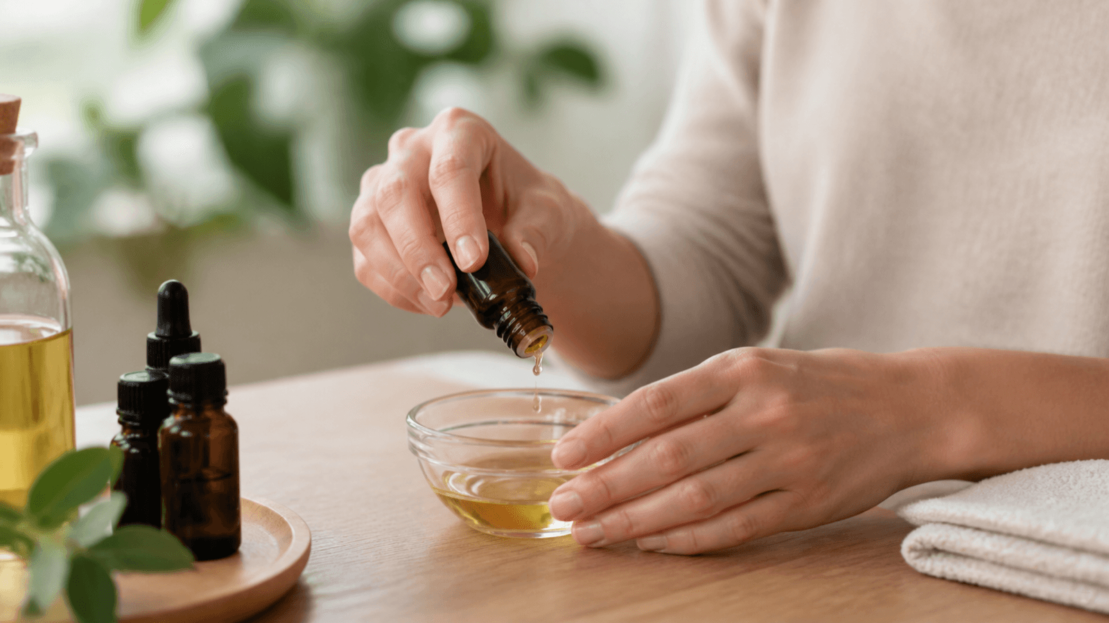 Adult diluting aromatic oil into a carrier oil for cautious topical use