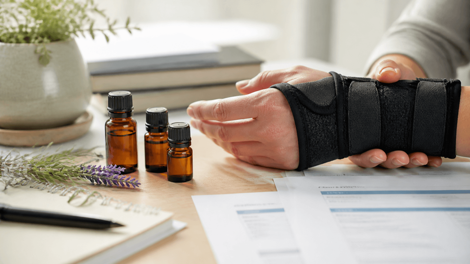 Essential-oil bottles beside a wrist support and research notes