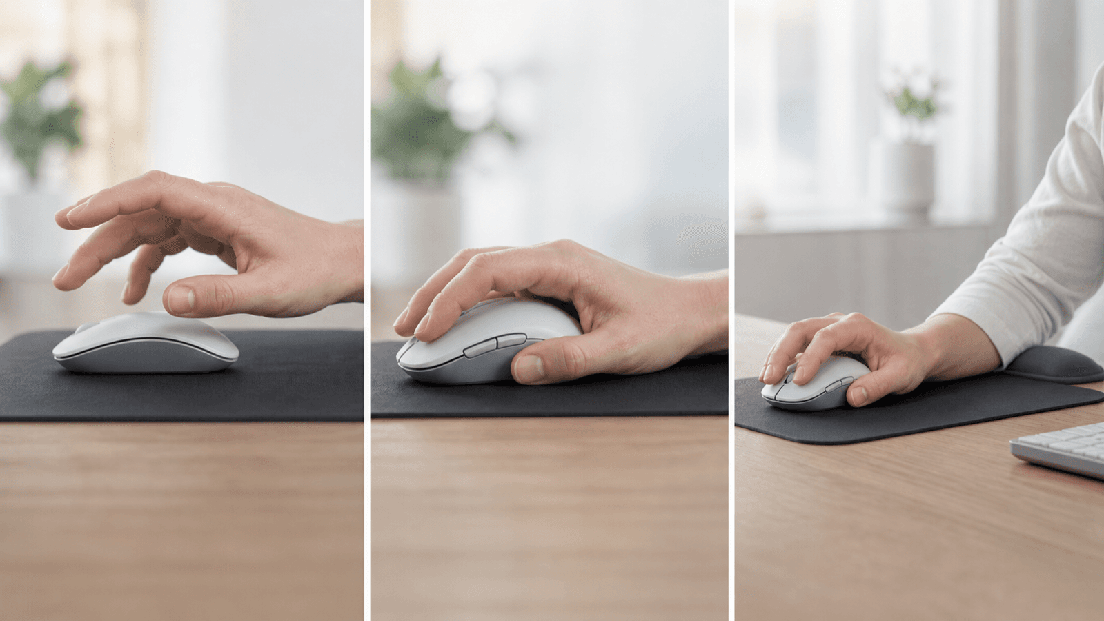 Mouse reach, relaxed grip, and forearm-supported movement sequence