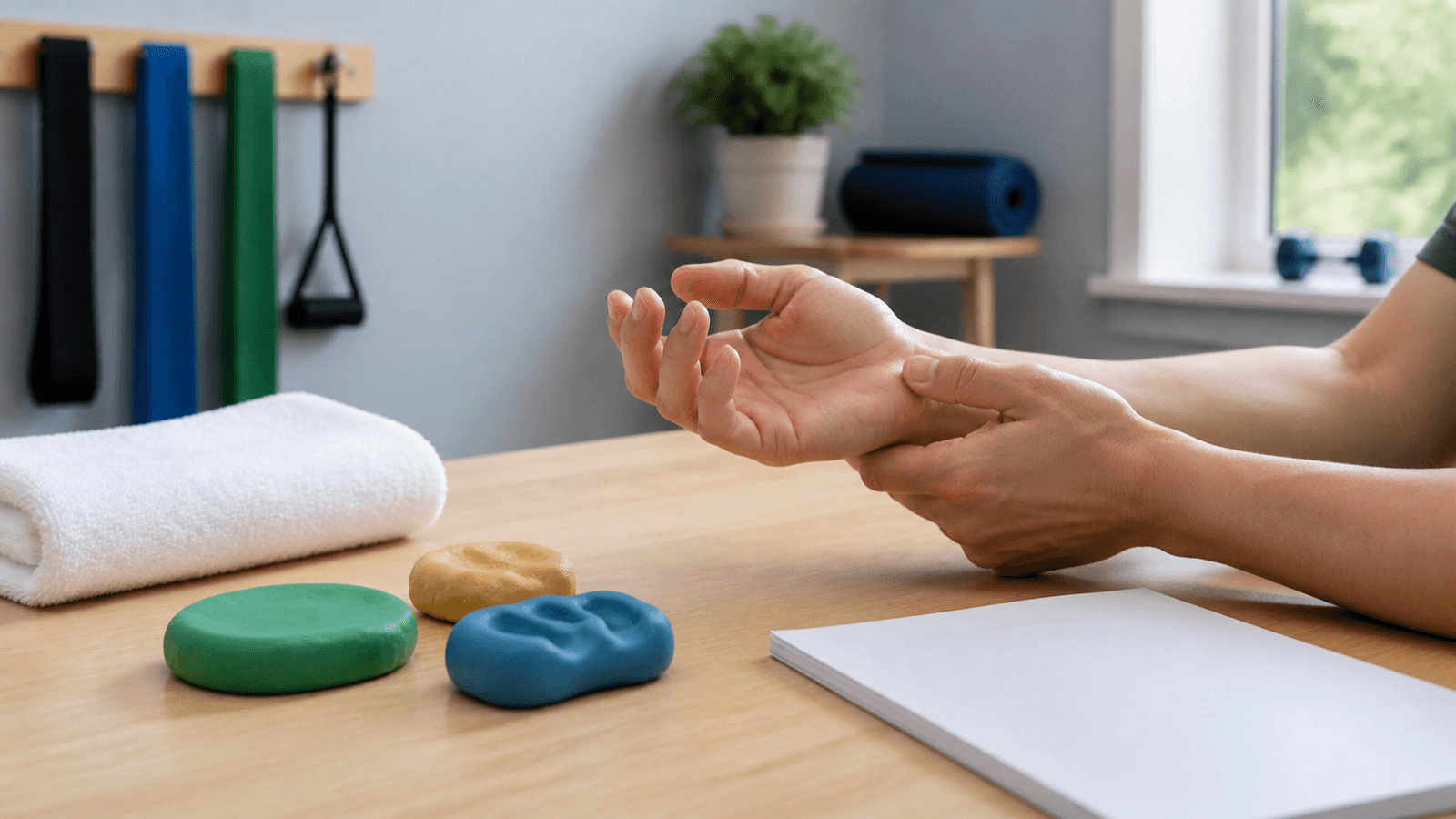 Therapy putty, towel, and movement-plan materials at a clinic exercise station