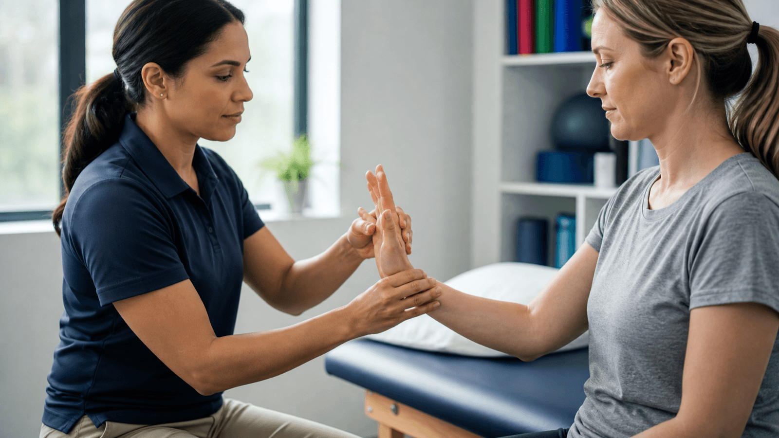 Physical therapist demonstrating a gentle tendon glide