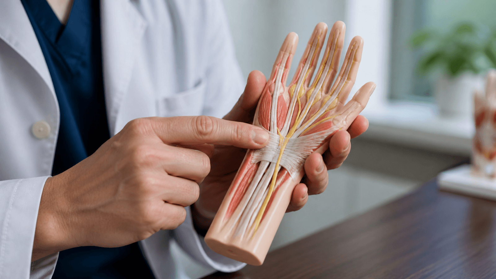 Clinician indicating the carpal tunnel area on an anatomy model