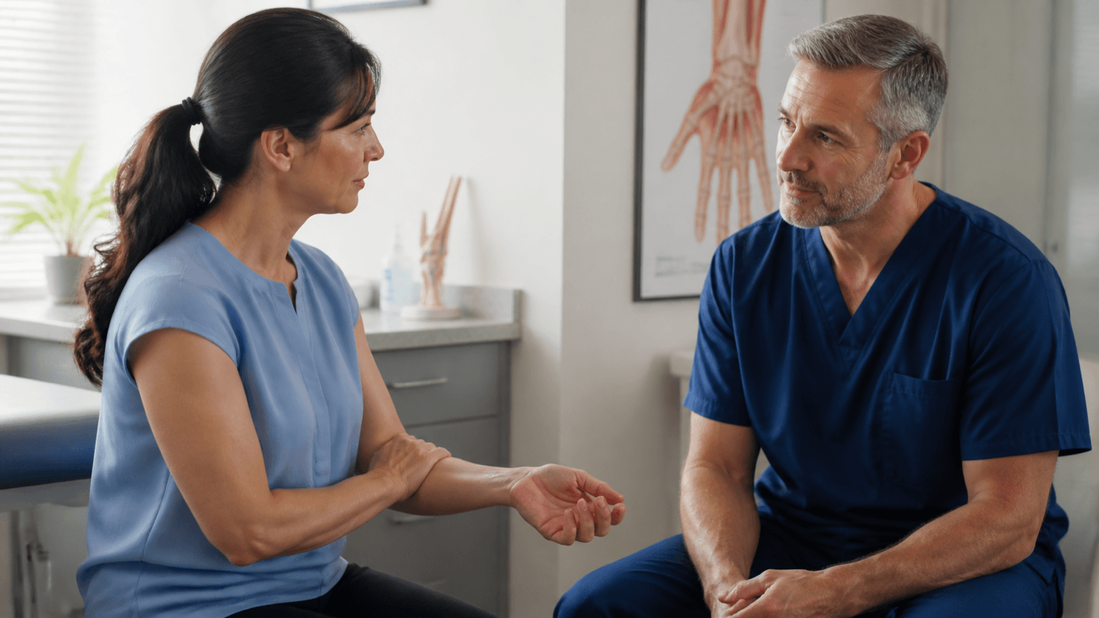 Adult attending a consultation before a possible wrist injection