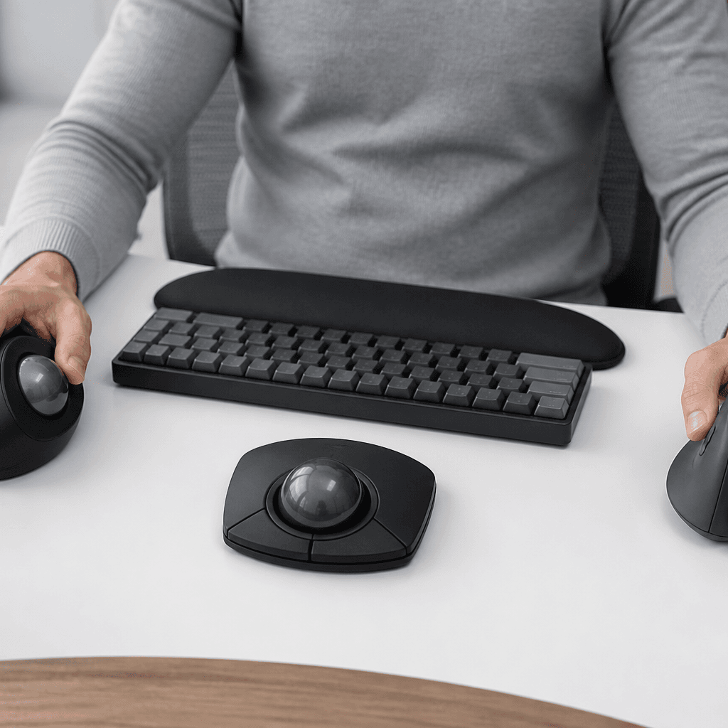 Unbranded trackball and vertical pointing devices arranged beside a compact keyboard