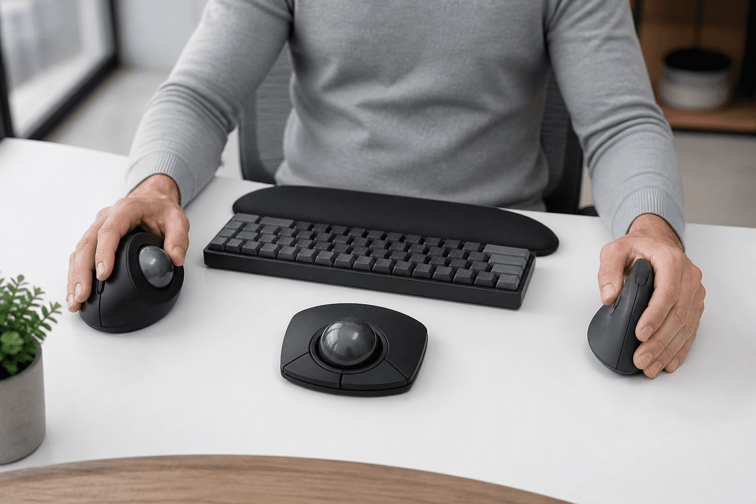 Adult comparing thumb trackball, finger trackball, and vertical mouse designs